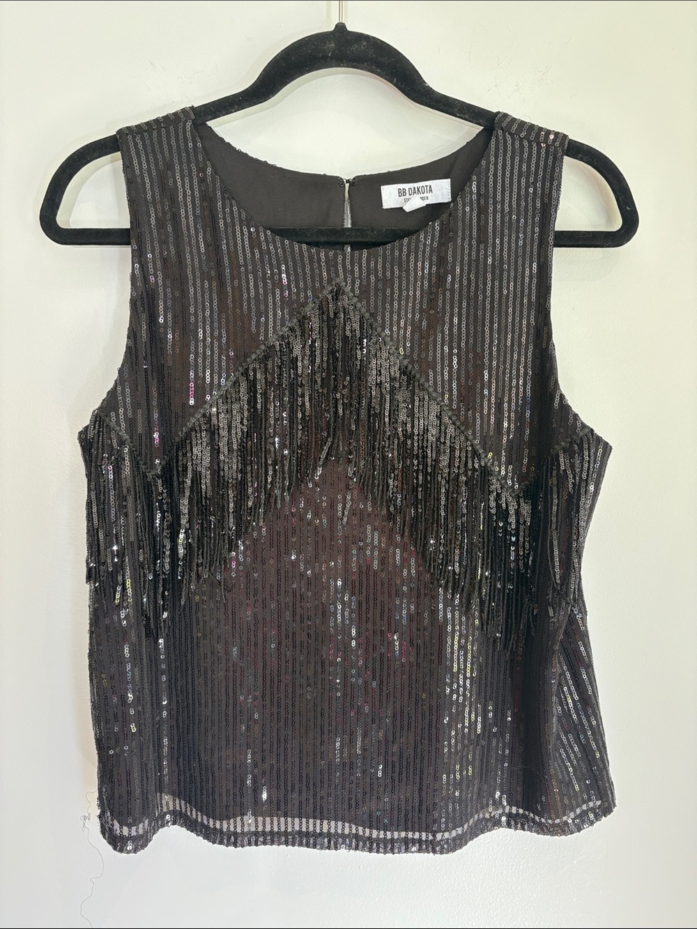 BB Dakota Black Sequin Fringe Sleeveless Top